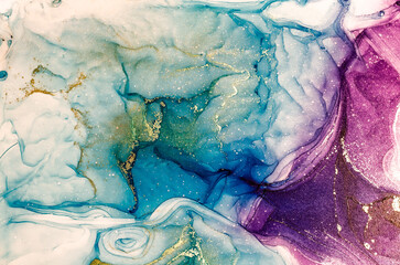 Abstract bright color fluid background, hand drawn alcohol painting with golden streaks, liquid ink technique texture for high resolution backdrop design