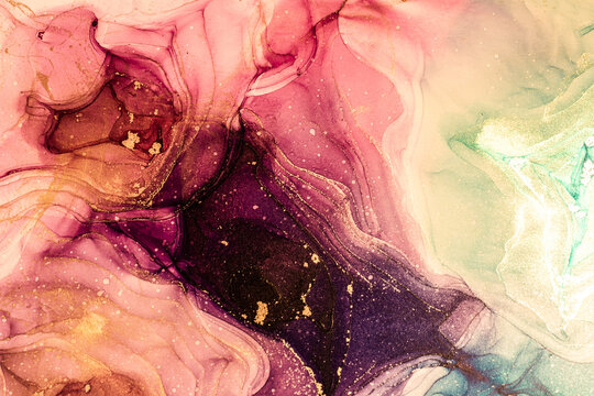 Abstract bright color fluid background, hand drawn alcohol painting with golden streaks, liquid ink technique texture for high resolution backdrop design