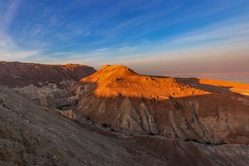 Panoramic view of the Zohar valley landscape, with salt evaporation pools in the southern part of the Dead Sea.