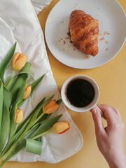 Human hand holding a cup of coffe. Breakfast in bed with french croissant and bunch of yellow tulips. Top view. 