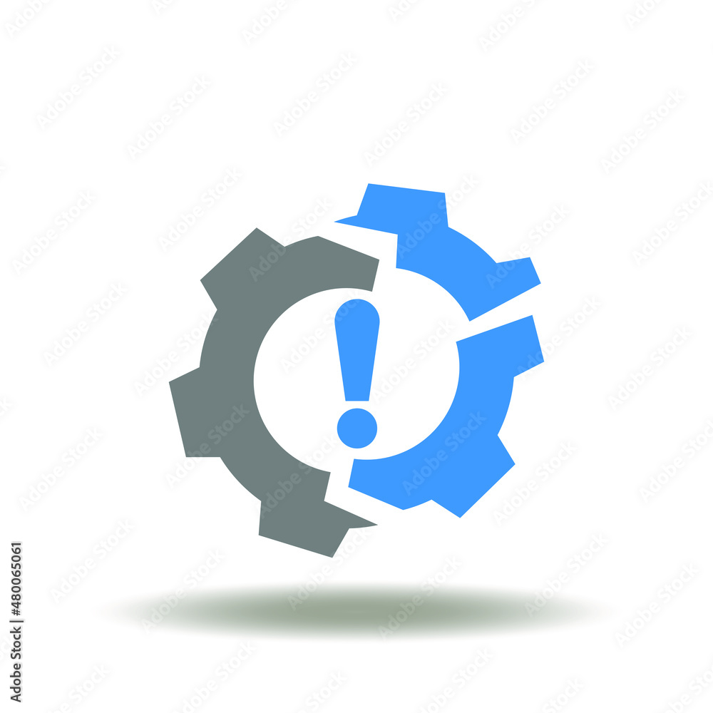 Poster vector illustration of gear broken with exclamation mark. icon of inefficiency. symbol of system cra
