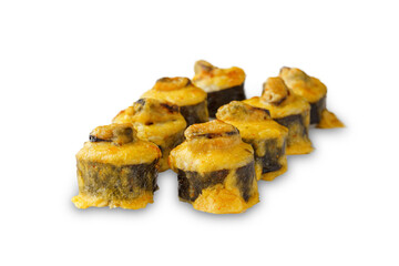 Baked Sushi Roll with Mussels, Cheese and Sauce. Isolated on white background