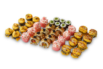 Sushi set with mussels, cheese, crab, eel, omelet, tomato, chuka, sesame and sauce. Isolated on white background