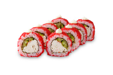 Sushi roll with crab, cucumber, tobiko caviar and mayonnaise. Isolated on white background