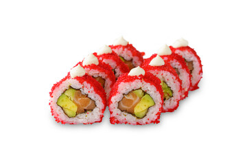 Sushi roll with salmon, avocado, tobiko caviar and mayonnaise. Isolated on white background