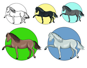 Vector digital illustration: Horse avatar head colorful and lineart set, ideal for coloring book