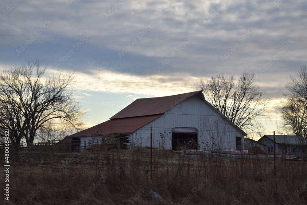 Canvas Prints white barn in a field