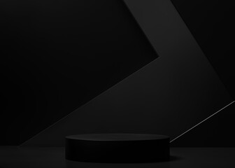 Modern black pedestal or podium for product showcase. Dark background. Empty display stage. Geometric cylinder stand. 3d render illustration