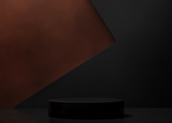 Modern black and brown pedestal or podium for product showcase. Dark background. Empty display stage. Geometric cylinder stand. 3d render illustration
