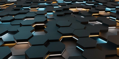Fototapeta premium dark abstract futuristic surface with hexagon objects and blue and orange lighting 3d render illustration