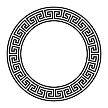 Circle frame, with seamless, direction changing meander pattern. Decorative, round border, made of lines, shaped into a repeated motif. Can be found in classical Greece and Rome, known as Greek key.
