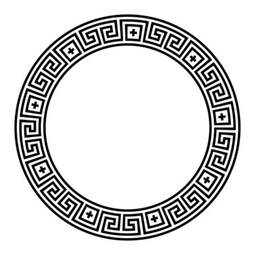 Meander pattern, circle frame with cross symbols. Decorative border made of seamless lines, shaped into repeated direction changing motif. To be found in classical Greece and Rome, known as Greek key.
