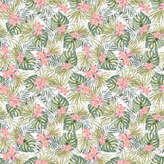 Strelitzia, palm tree, monstera leaves. Tropical exotic bright seamless pattern. Watercolor hand made botanical print. On white background. For summer beach textile, wallpaper, wrapping paper.