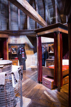 London, England &ndash; July 21, 2016: Gryffindor boy&rsquo;s dorm room at The Making of Harry Potter at Warner Bros. Studio Tour London, A behind-the-scenes walking tour of Harry Potter movies.

