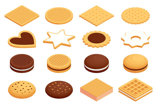 Isometric different cookies on white background. Tasty cookies, Oatmeal cookies and Chocolate sandwich cookies