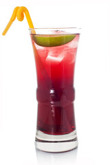 red alcoholic cocktail with yellow straw and lime