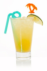 glass of yellow cocktail with palm trees on a white background.