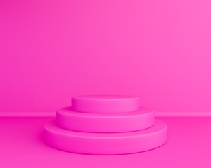Hot Pink Podium Mock-up. 3d realistic render stage template. Empty scene platform for design presentation. Magenta Bright minimal product pedestal