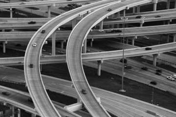 Black and white photo of freeways in Dallas Texas