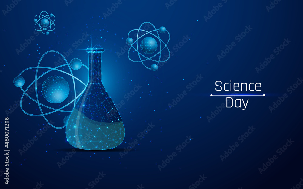Poster national science day and flask and molecule image in wireframe style