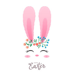 cute face of easter bunny with flowers wreath. Greetings card with hand lettering Happy Easter.