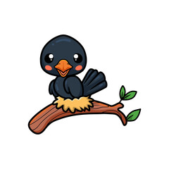 Cute little crow cartoon on tree branch