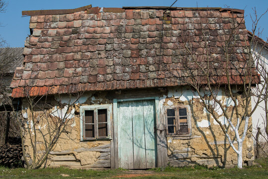 Sunja, Croatia, 05,04,2021: Abandoned traditional old wooden house. 