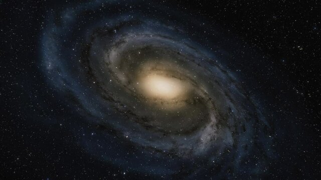 Starship flies at the speed of ligh near the center of the Milky Way galaxy in space. Billions of stars in Andromeda galaxy. Highly detailed 4k cinematic model of galaxy and arms of stars