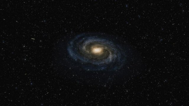Starship flies at the speed of ligh near the center of the Milky Way galaxy in space. Billions of stars in Andromeda galaxy. Highly detailed 4k cinematic model of galaxy and arms of stars