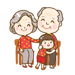 Cartoon Chinese family hug kids.