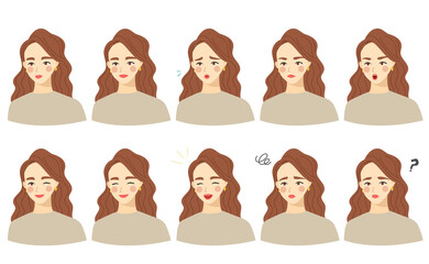 Vector illustration of a woman with long hair.  Various facial expression set.