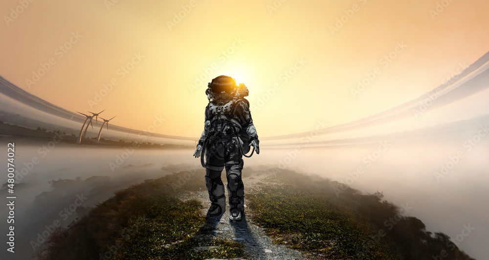 Poster astronaut walking on an unexplored planet . mixed media