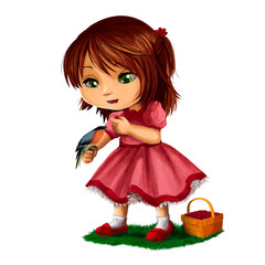girl with long brown hair and green eyes feeding a bird in her hand with fruit basket pink dress and red shoes