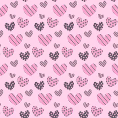 Fototapeten Pattern with striped hearts and circles. For valentines day, birthdays, gifts. Vector illustration on a pink background. For use in covers, prints, textiles, packaging, baby products and souvenir © Irina