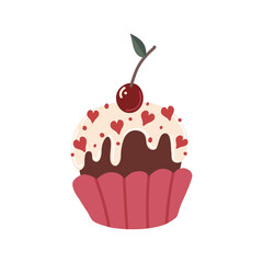 Vector isolated element. Cupcake. Dessert for Valentine s Day. Decoration for Valentine day. Symbols of Valentine s day. Color image on a white background. The print is used for packaging design.