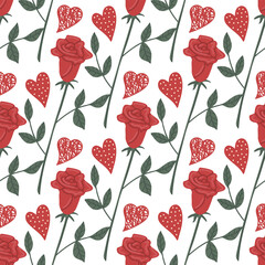 Vector seamless pattern with hearts and flowers. Red rose Valentines. Symbols of Valentine s day. Hand drawn illustration. The print is used for Wallpaper, fabric, textile, packaging design.