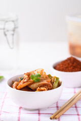 Kimchi cabbage in a bowl, Korean homemade fermented side dish food