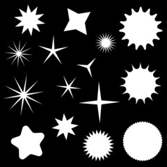 Star icons set, fifteen various white isolated stars on the black background, vector illustration.