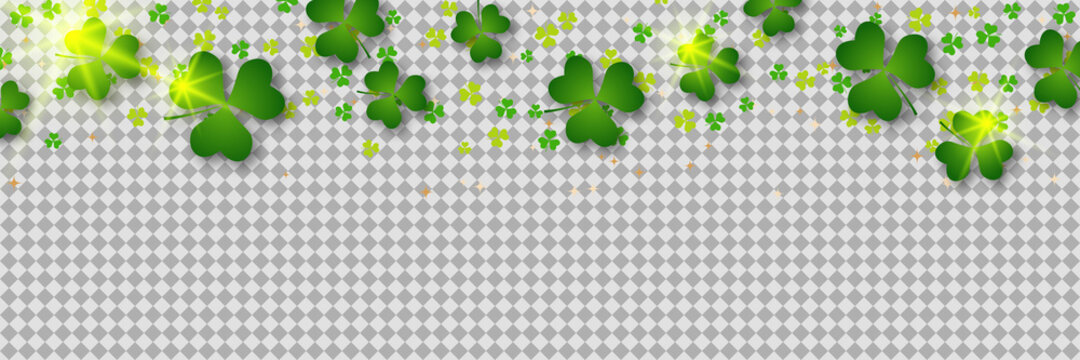 St.Patrick's Day vector banner template. Colorful clover leaves on transparent background
