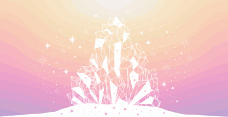 Vector shining precious magic crystal decorated with magician faceted stars light. Illustration Mystical esoteric symbol. Gothic pattern design print card, T-shirt. White on colorful pastel background