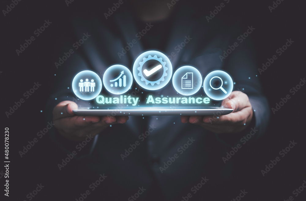 Poster hand holding the best quality assurance with icons on tablet for guarantee product and iso service c