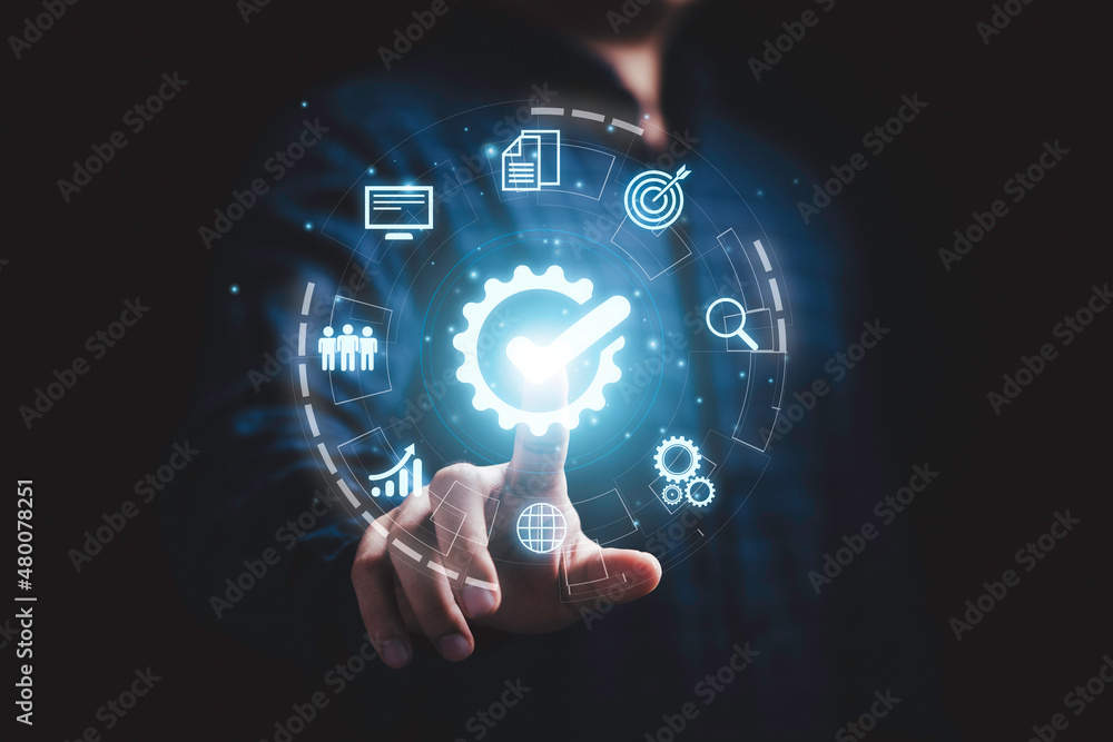Poster hand touching the best quality assurance with icons for guarantee product and iso service concept.