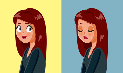 Woman Expressing Happiness and Sadness Vector Cartoon Illustration
