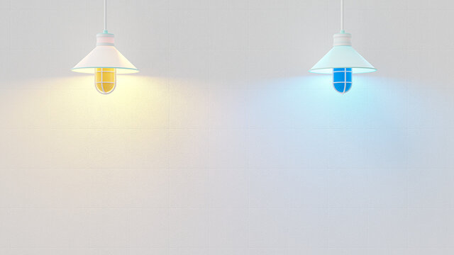 Two color pendant light yellow with blue in front of rough texture white wall. space for put your banner and logo or message. minimal concept, 3D Render.