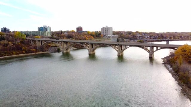 Cinematic Drone Over Saskatchewan River in Saskatoon, Saskatchewan, Canada