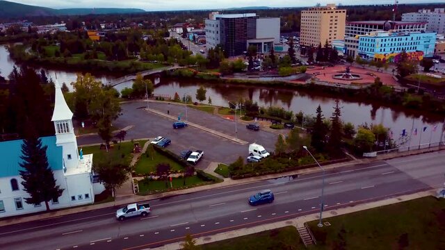 4K Drone Video of Immaculate Conception Catholic Church, Cushman Street Bridge, and Golden Heart Plaza in Downtown Fairbanks, AK during Summer Day