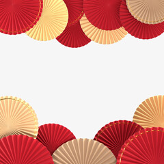 Happy Chinese New Year. Realistic design paper fan medallion. Oriental Asian style mock up designs. 3D Rendering