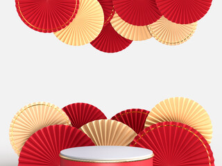 Happy Chinese New Year. Realistic design elements, display podium, paper fan medallion with chinese decoration. Oriental Asian style mock up designs. 3D Rendering