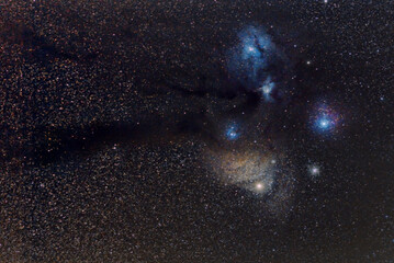 The region of Antares with emission and reflection nebula and globular cluster M4 on the night sky
