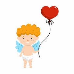 Cute angel is holding heart shaped balloon. Vector illustration for Valentine Day. Greeting card.